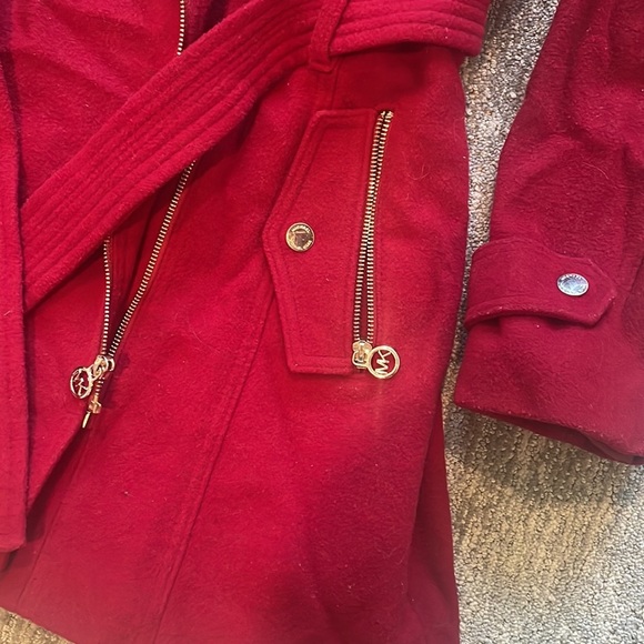 Women's Michael Kors Red/Gold Zip Up Belted Wool Pea Coat - Picture 3 of 5